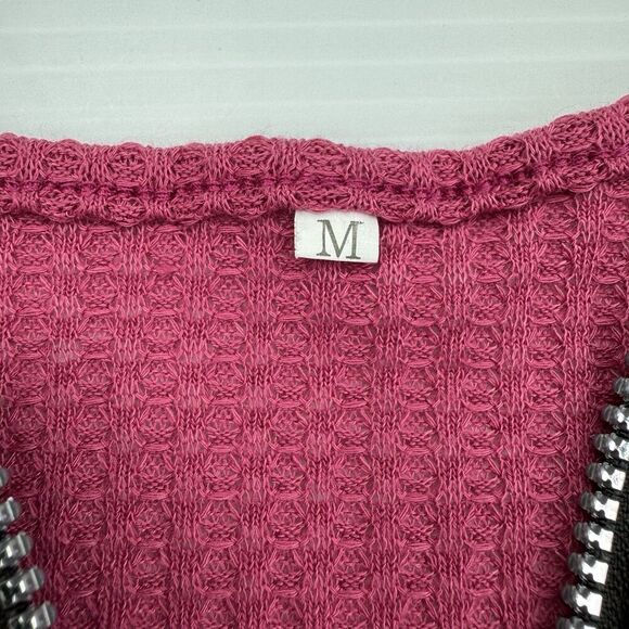 Pink Waffle Knit Short Sleeve Shirt Size Medium Lace Sleeves Front Zip - Picture 3 of 5